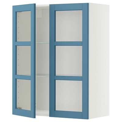 METOD Wall cabinet w shelves/2 glass drs, white/Lerhyttan blue, 80x100 cm
