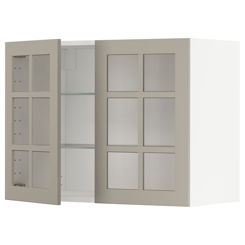 Beige METOD kitchen cabinet with glass doors & adjustable shelf.
