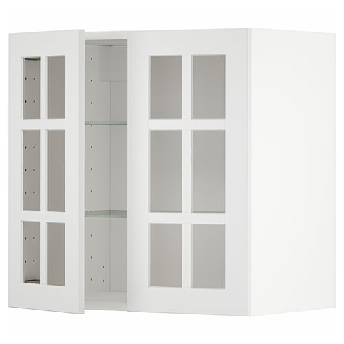 White METOD kitchen cabinet with glass doors. Modern design, square frames, tempered glass panels.