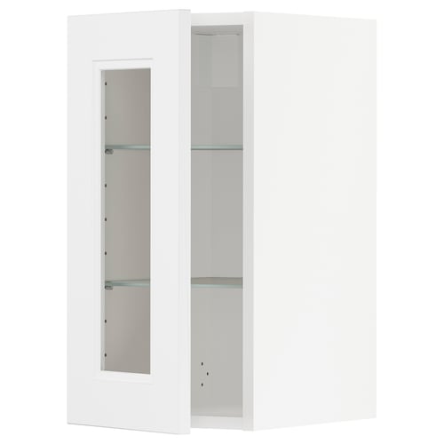 White METOD wall cabinet with glass doors and adjustable glass shelves.