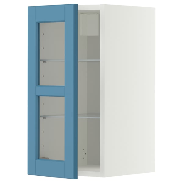METOD Wall cabinet w shelves/glass door, white/Lerhyttan blue, 30x60 cm