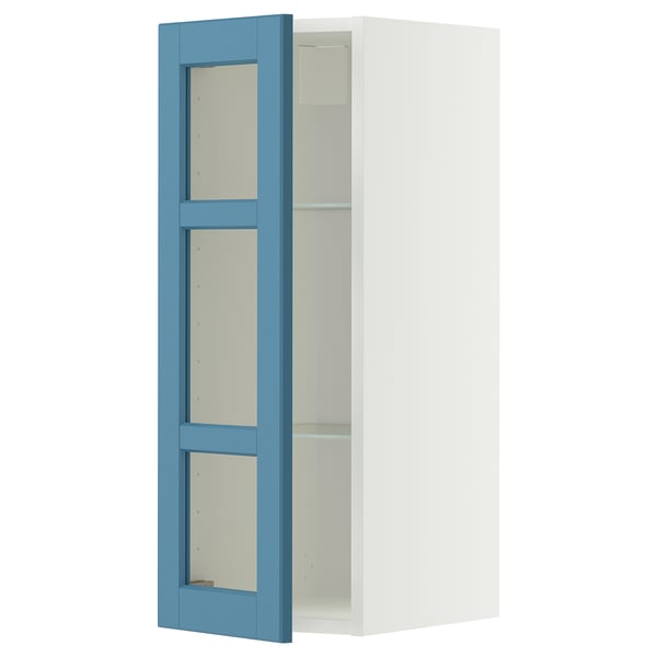 METOD Wall cabinet w shelves/glass door, white/Lerhyttan blue, 30x80 cm