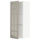 An open, beige METOD wall cabinet with glass shelves.