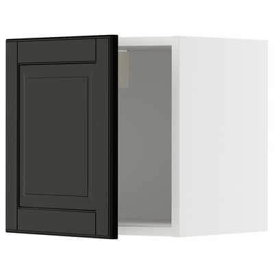 Black beveled drawer, white cabinet, square design.