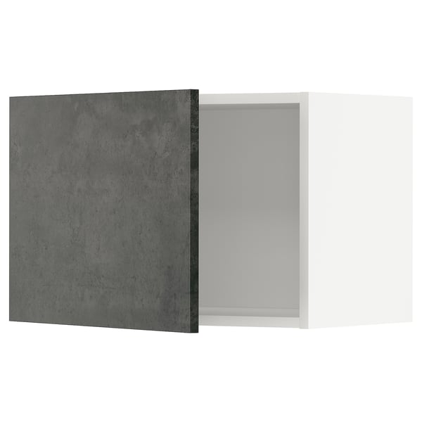 A side-by-side comparison of dark grey concrete effect kitchen cabinet doors. One is open, revealing its interior.