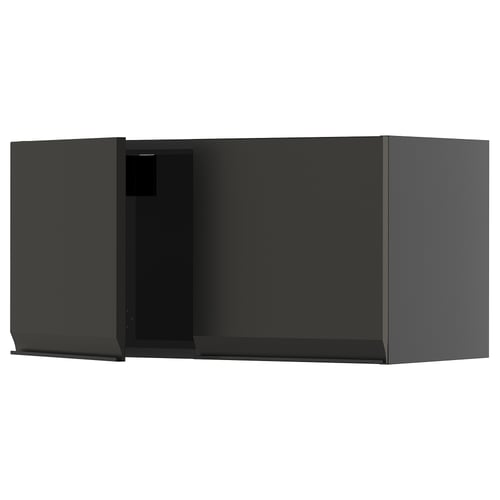 Modern black kitchen cabinet with sleek, minimalist design. Two doors with integrated handles and angular edges.