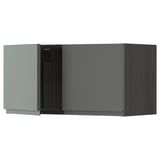 METOD dark grey kitchen cabinet with wooden texture and open compartment.