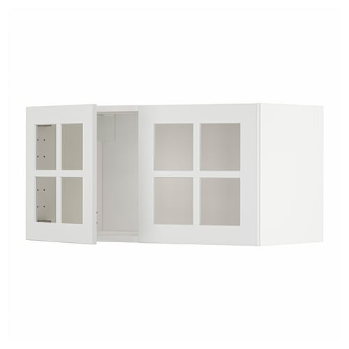 METOD kitchen cabinet: white wall unit with glass doors, square panels