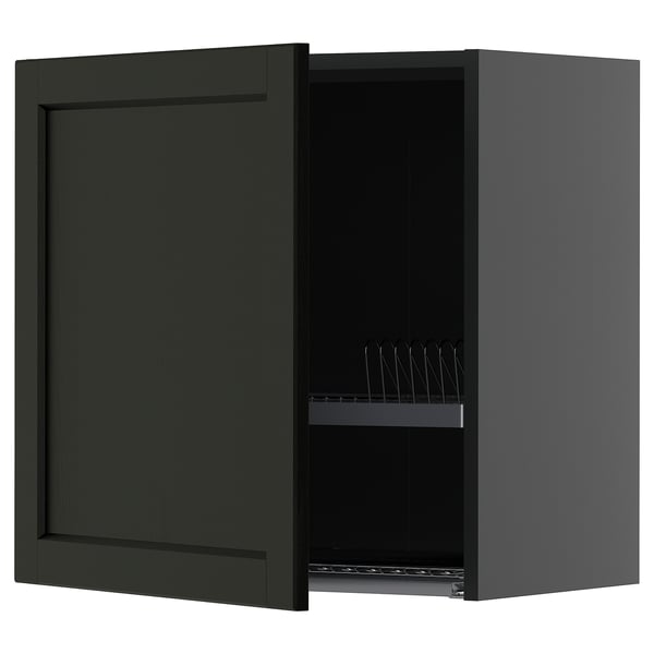 METOD dark gray kitchen cabinet, square, single door open showing shelf, steel interior rack.