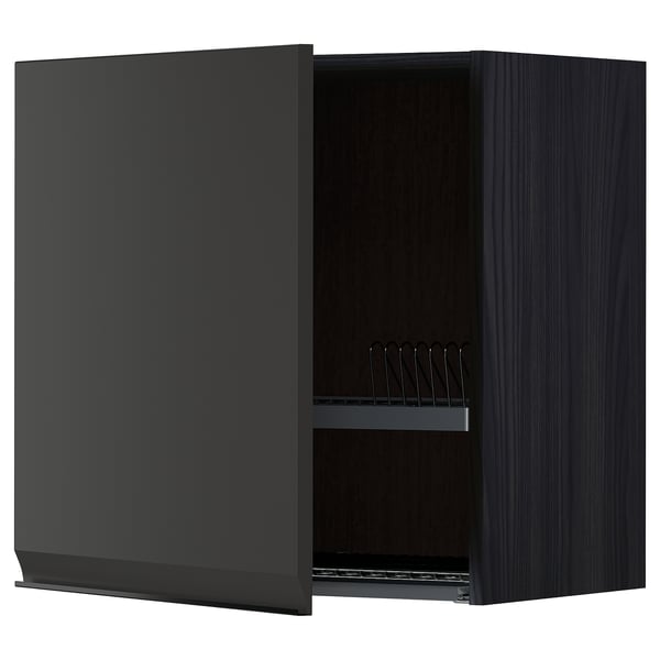 Black kitchen cabinet with open door, metal shelf, sleek modern design.