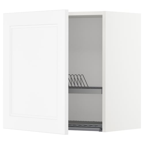 A white METOD kitchen wall cabinet with an open door revealing a dish drainer inside.