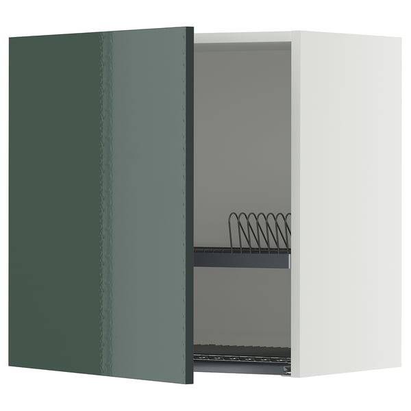 A green-high gloss METOD kitchen cabinet with an adjustable shelf and integrated dish drainer, featuring a sleek, modern design.