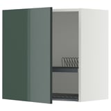 A green-high gloss METOD kitchen cabinet with an adjustable shelf and integrated dish drainer, featuring a sleek, modern design.