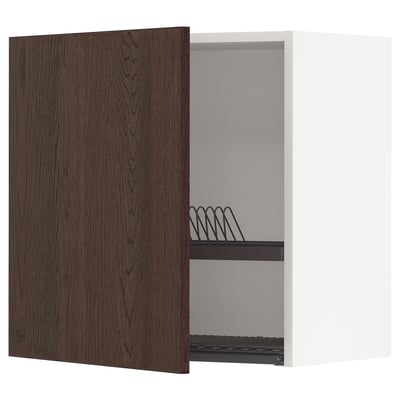 Open dark brown wooden cabinet with metal shelf.