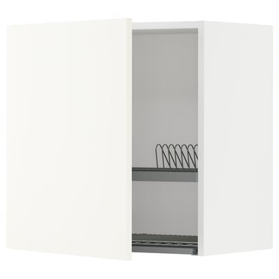 White kitchen cabinet with modern design and adjustable shelf.