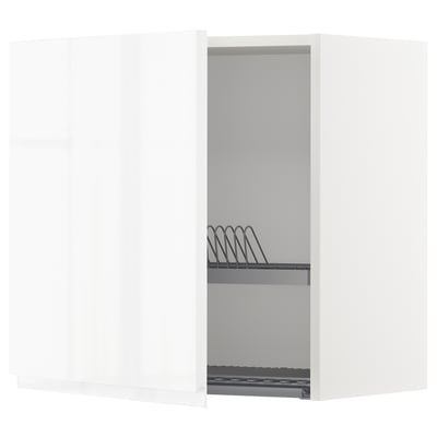 A white METOD kitchen cabinet with a black wire dish drainer inside, mounted on the right side.