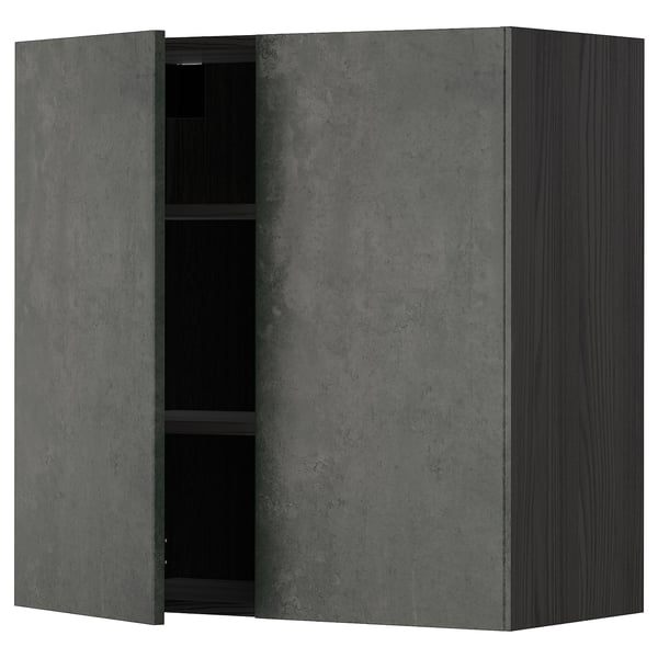 A dark grey METOD kitchen wall cabinet with two doors, one open revealing black shelves. Made of particleboard and laminate.