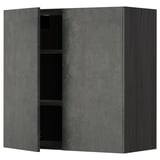 A dark grey METOD kitchen wall cabinet with two doors, one open revealing black shelves. Made of particleboard and laminate.