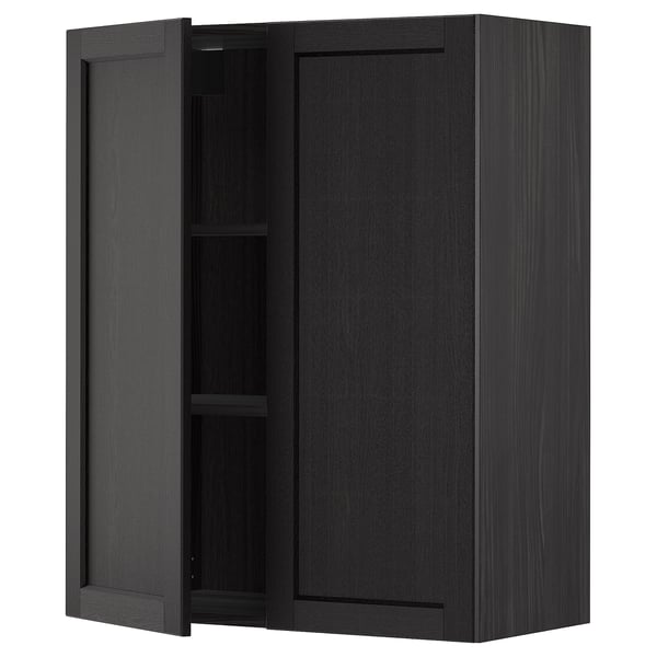 Black wall cabinet, METOD kitchen system, dark stained wood, rectangular, 2-door with beveled edges.