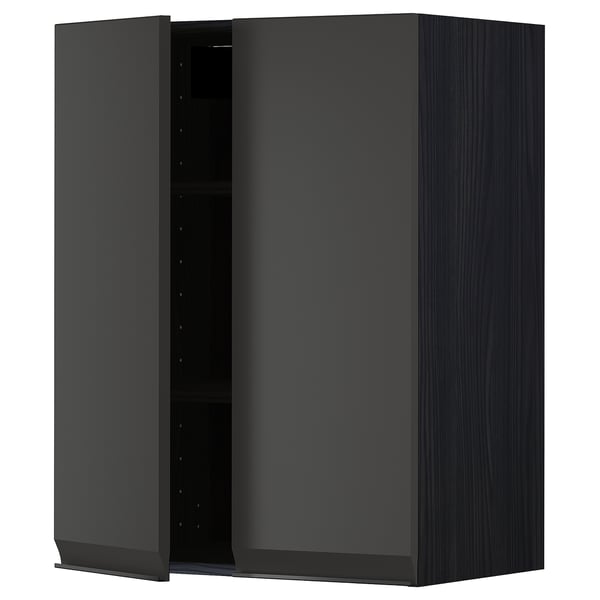Modern black kitchen cabinet with adjustable shelves, sleek design.