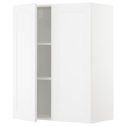 White METOD kitchen cabinet with one door open, revealing adjustable shelves. Modern design with a sturdy frame.