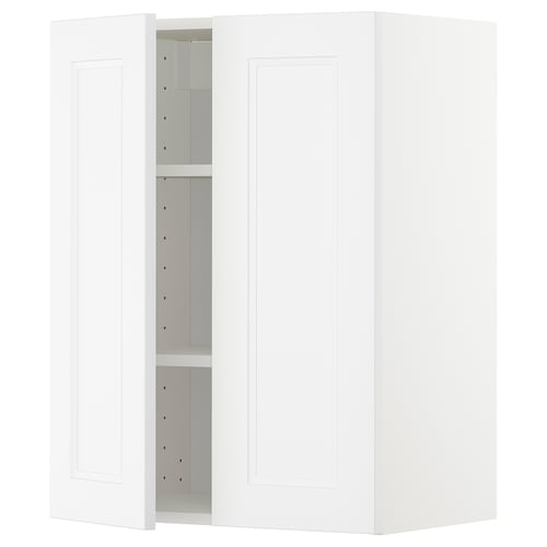 White METOD wall cabinet with shaker-style doors, adjustable shelves, and solid wood frame.
