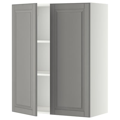 Open grey kitchen cabinet, modern design, two doors, adjustable shelf, 25-yr warranty.