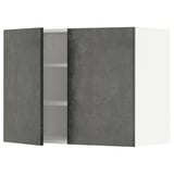 Modern dark grey kitchen cabinet with one open door, sleek design, adjustable shelves.
