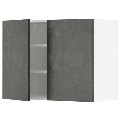 Modern dark grey kitchen cabinet with one open door, sleek design, adjustable shelves.