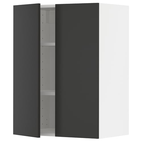 A dark grey modern wall cabinet from the METOD kitchen system by IKEA, featuring two doors and adjustable shelves.