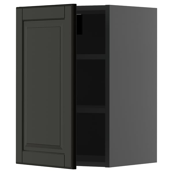 A dark grey METOD kitchen cabinet with a single door and adjustable shelf.