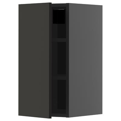 Modern black kitchen cabinet with 2 shelves, sleek design, and adjustable shelf.