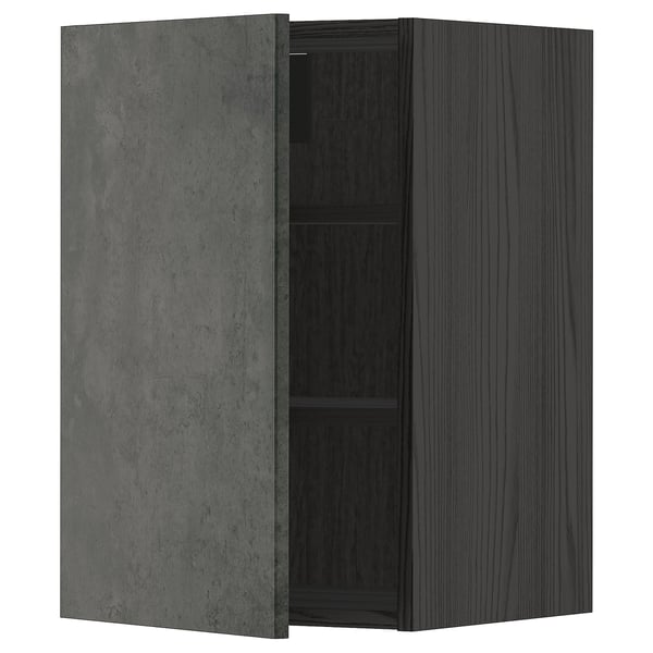 METOD kitchen cabinet in dark grey with concrete effect doors, wooden texture. Rectangular, modern design with open shelves.