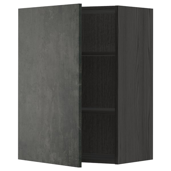 A dark grey modern wall cabinet with one open door, featuring a concrete effect finish and wooden texture on the other door.