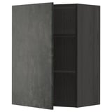 A dark grey modern wall cabinet with one open door, featuring a concrete effect finish and wooden texture on the other door.