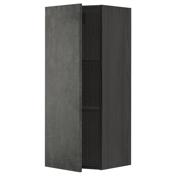Modern black METOD kitchen cabinet with dark grey concrete effect door, square shape, and minimalist design.