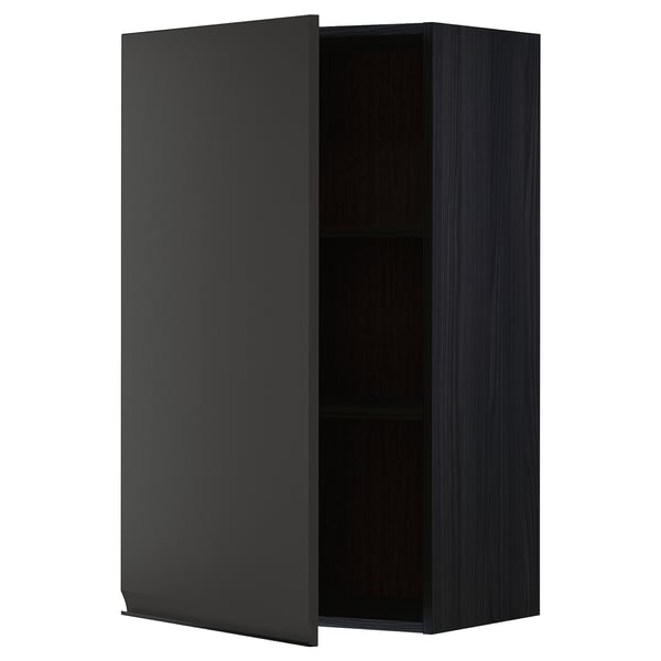 Open black kitchen cabinet with metal handle, rectangular, modern design.