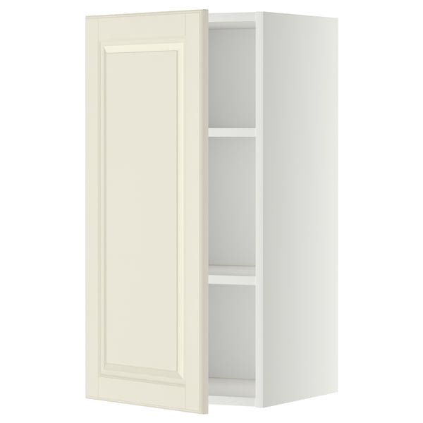 Open white METOD kitchen cabinet. Off-white doors, rectangular, adjustable shelf. Traditional design.