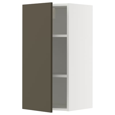 Open wall cabinet in white with dark brown door, rectangular shape, two shelves inside.