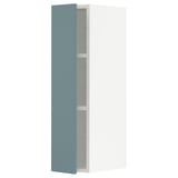 Vertical kitchen cabinet with turquoise door.