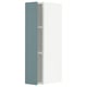 Vertical kitchen cabinet with turquoise door.