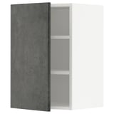 Image depicts an open METOD kitchen cabinet with dark gray kalhyttan fronts, featuring two adjustable shelves.