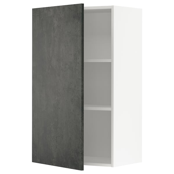 Dark grey modern cabinet, open door, minimalist design, wall mounted.