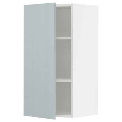 Modern grey-blue kitchen cabinet, glossy finish, rectangular shape, with one open door.