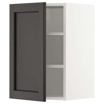 Depicts an open, dark grey wooden cabinet with two shelves. The cabinet has a rectangular shape and a modern design.