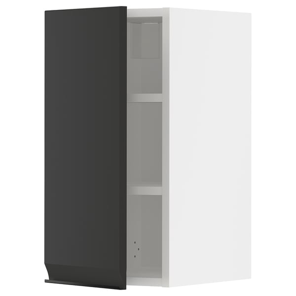 This image shows a modern black wall-mounted cabinet with white interior and three adjustable shelves.