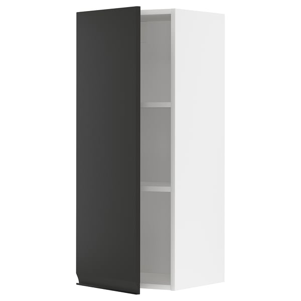 Modern white cabinet with black door, open showing two shelves. Sleek, minimalist design.