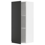 Modern white cabinet with black door, open showing two shelves. Sleek, minimalist design.