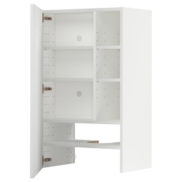 A white METOD kitchen cabinet with three adjustable shelves and doors that can open on either side.