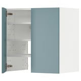 Turquoise METOD kitchen cabinet with white shelves and silver hinges.